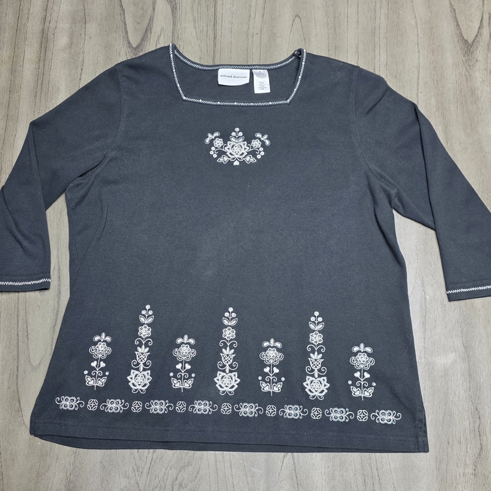 Alfred Dunner Black Long Sleeve Tee with White Embroidery